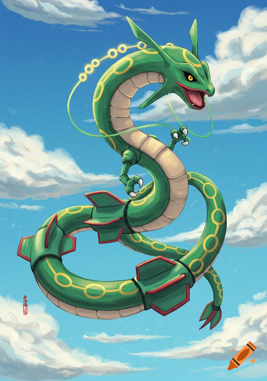 Green serpentine Rayquaza, resembling a lung dragon, flies in a blue sky with white clouds in an anime art style.