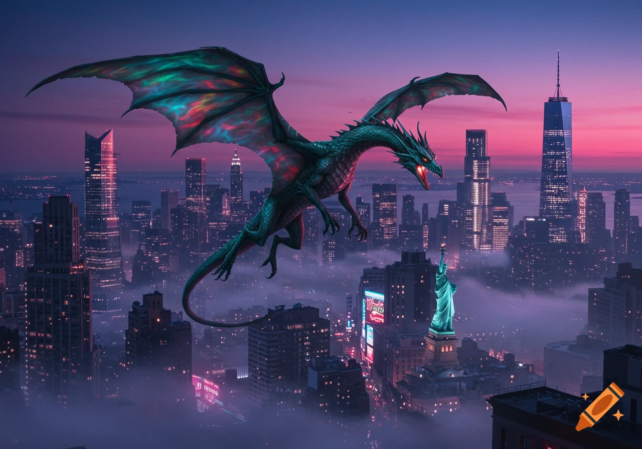 A large, teal-scaled dragon with glowing wings flies over a misty New York City skyline at sunset, with the Statue of Liberty visible below.
