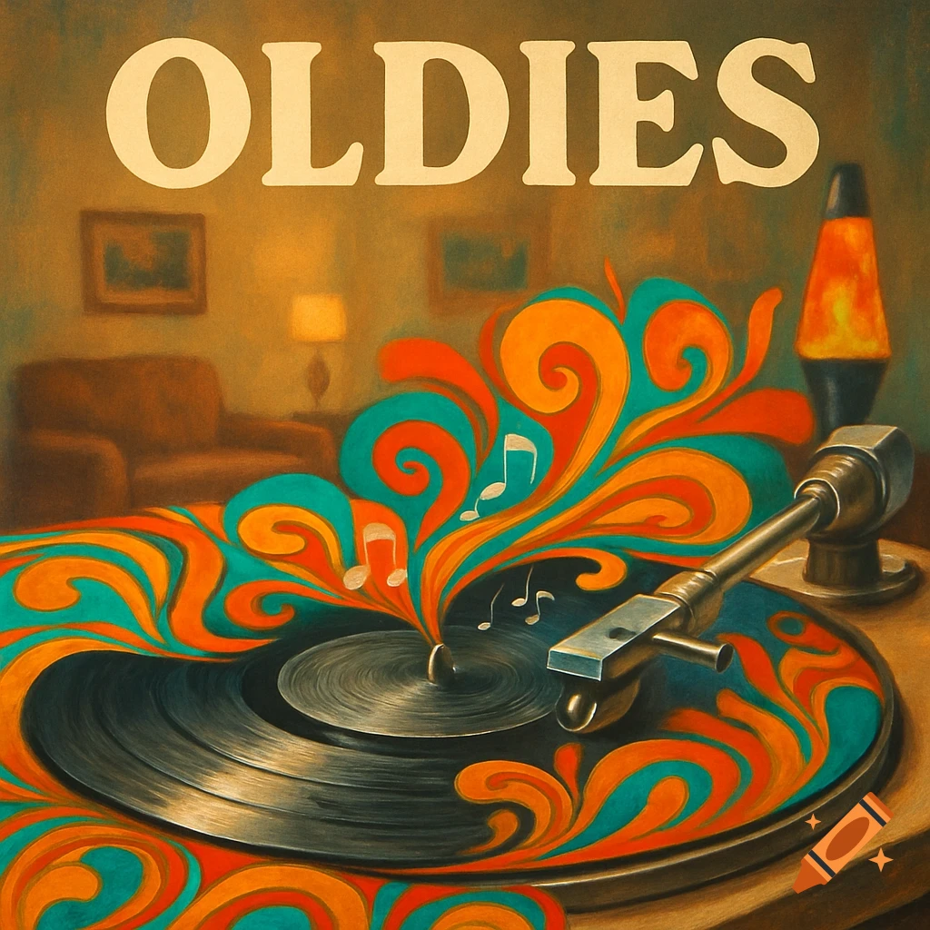 Retro 'Oldies' album cover illustration with a record player, psychedelic swirls, musical notes, and a lava lamp.
