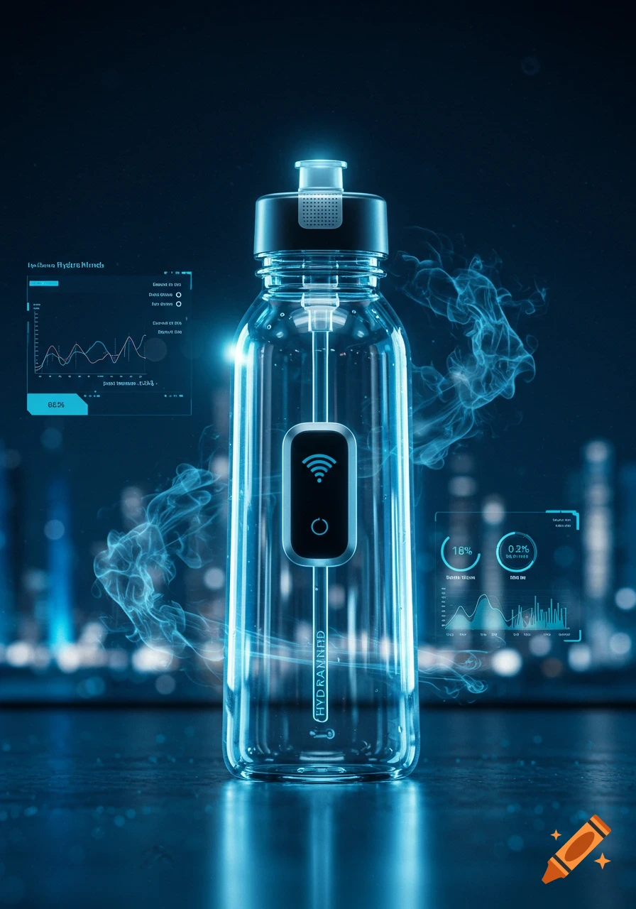 A futuristic smart water bottle with a glowing blue interior and digital displays, set against a dark, blurred city background.