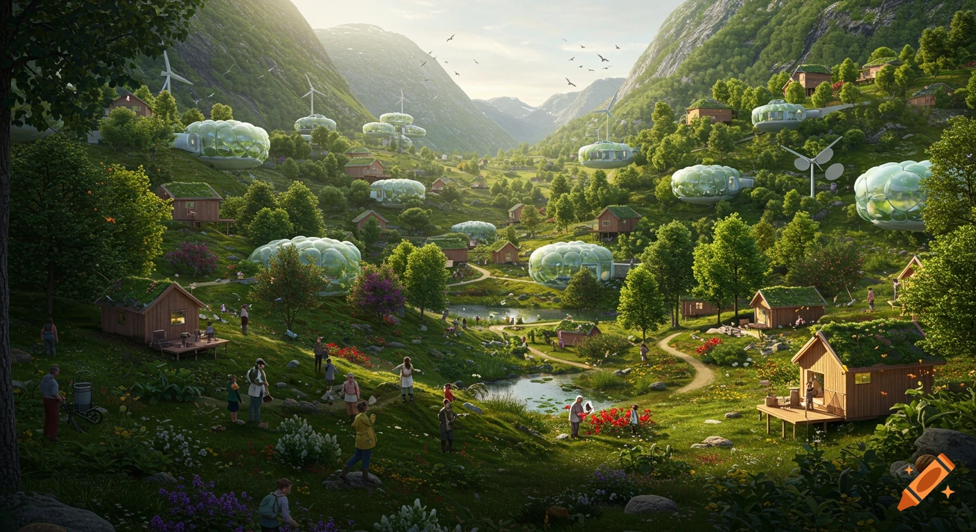 A vibrant, photorealistic utopian Norwegian mountain valley with futuristic and traditional homes, people, lush greenery, and ponds.