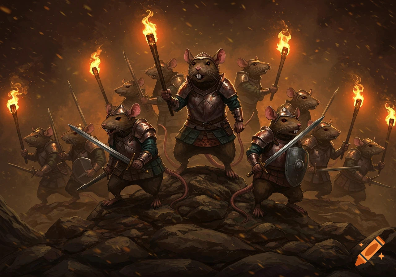 An army of armored, anthropomorphic rats stand defiantly on a rocky battlefield, wielding swords, shields, and torches amidst fiery sparks.