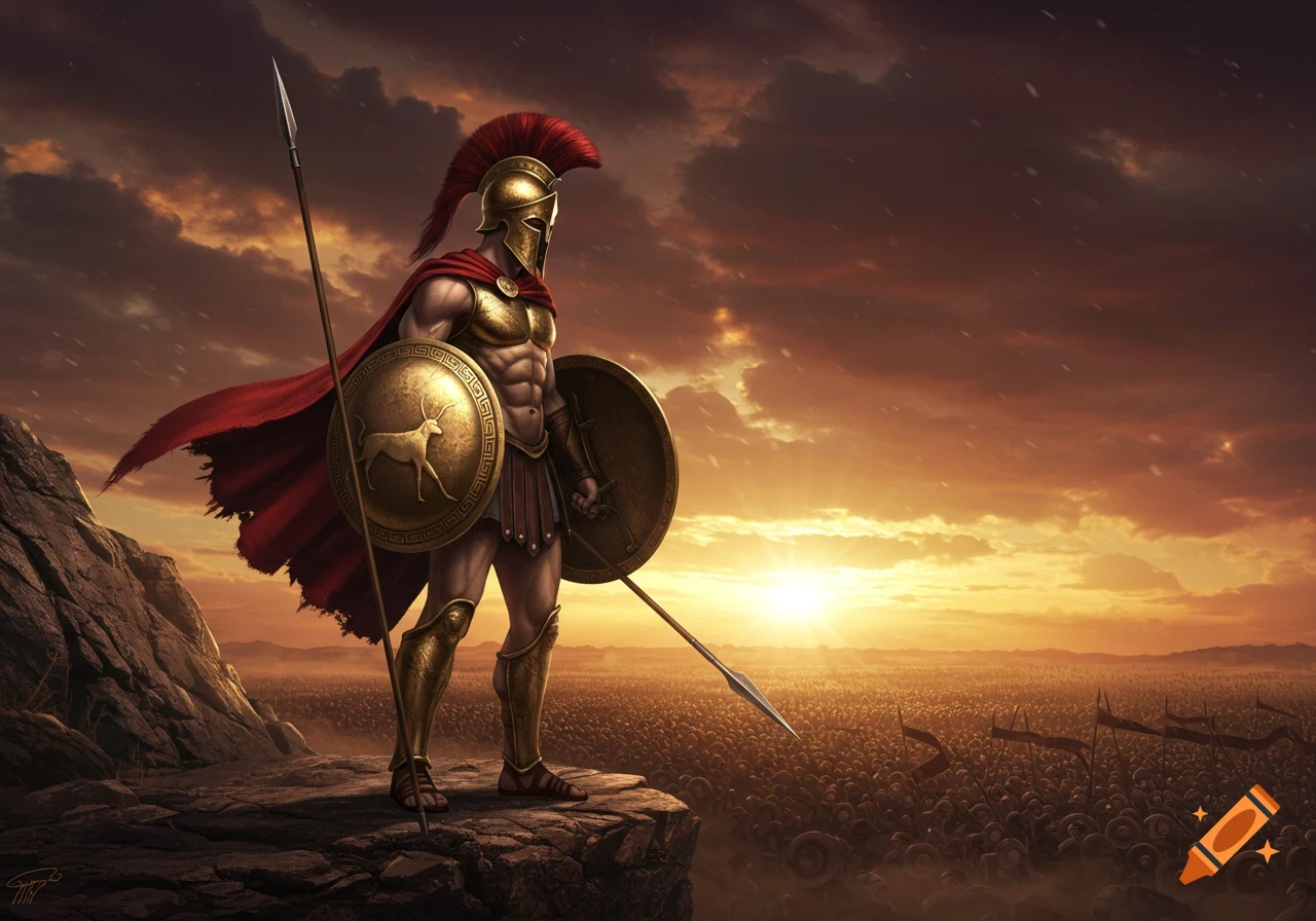 A muscular Spartan warrior in red cape and golden armor stands on a rock cliff overlooking a vast army at sunset.