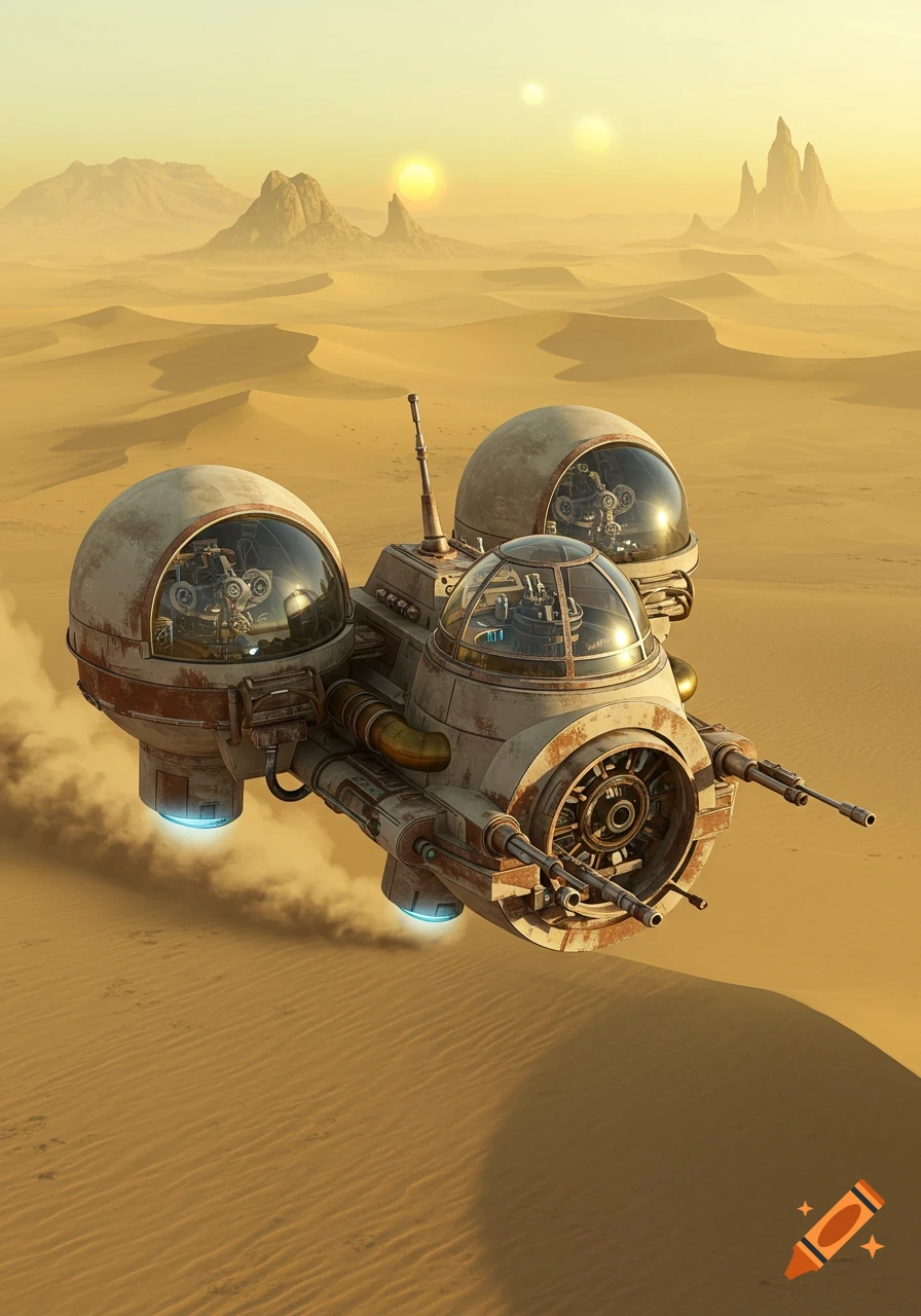 A rusty, steampunk-style spaceship with two glass domes hovers over a vast desert with two suns in the sky.