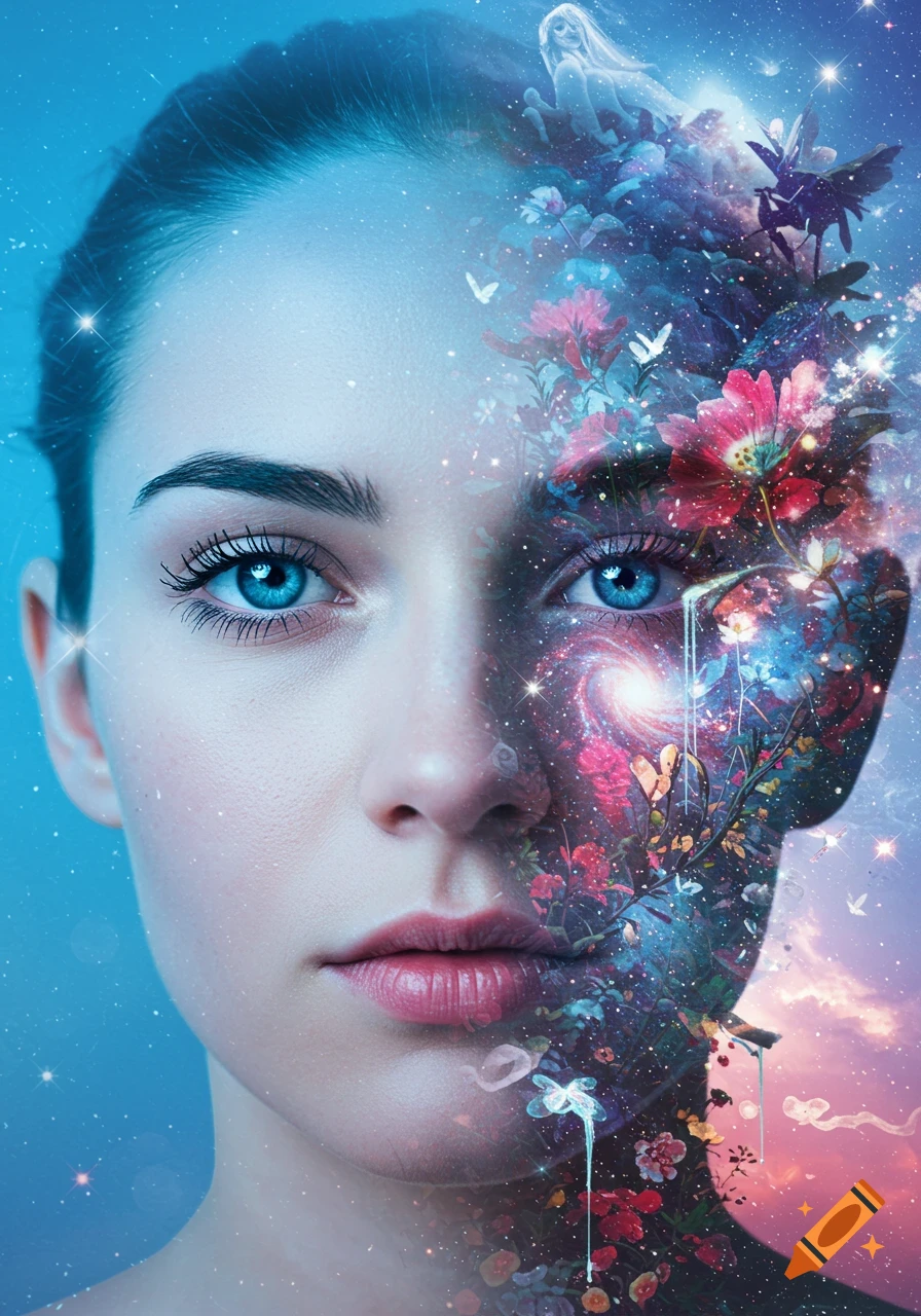 A woman's face, with her right half transforming into a vibrant, fantastical scene of colorful flowers, butterflies, and a starry galaxy.