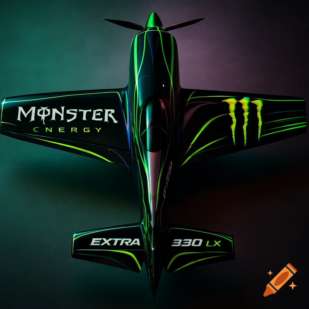 A sleek, black Extra 330 LX aerobatic airplane with glowing green 'Monster Energy' branding and aerodynamic lines, viewed from above.