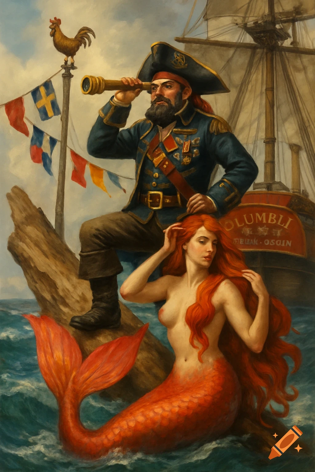 A painterly depiction of a pirate captain looking through a scope, standing on driftwood with a red-haired mermaid in the ocean. A ship is in the background.