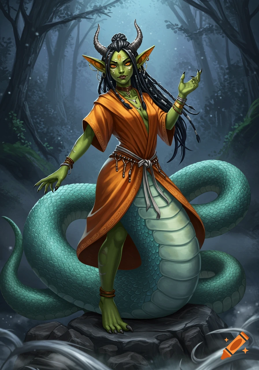 A green-skinned, horned goblin-like woman with dreadlocks and a snake tail, wearing an orange robe, stands on rocks in a dark forest.