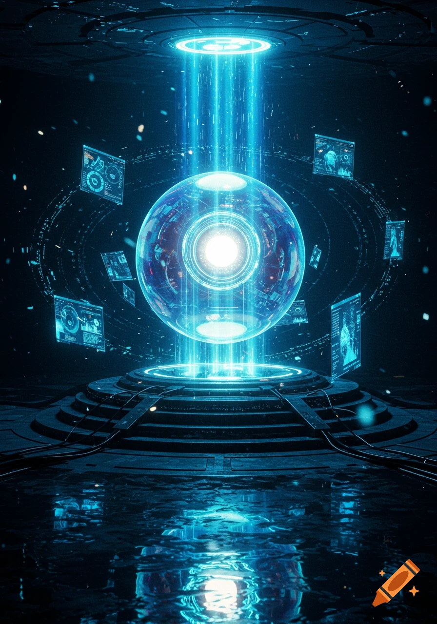 A futuristic glowing blue sphere on a platform, surrounded by floating data screens, reflecting on a wet, dark surface.