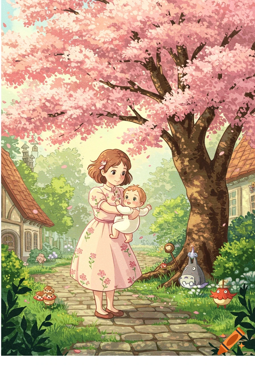 An anime-style illustration of a woman holding a baby under a large cherry blossom tree in a charming village garden with fantasy creatures.