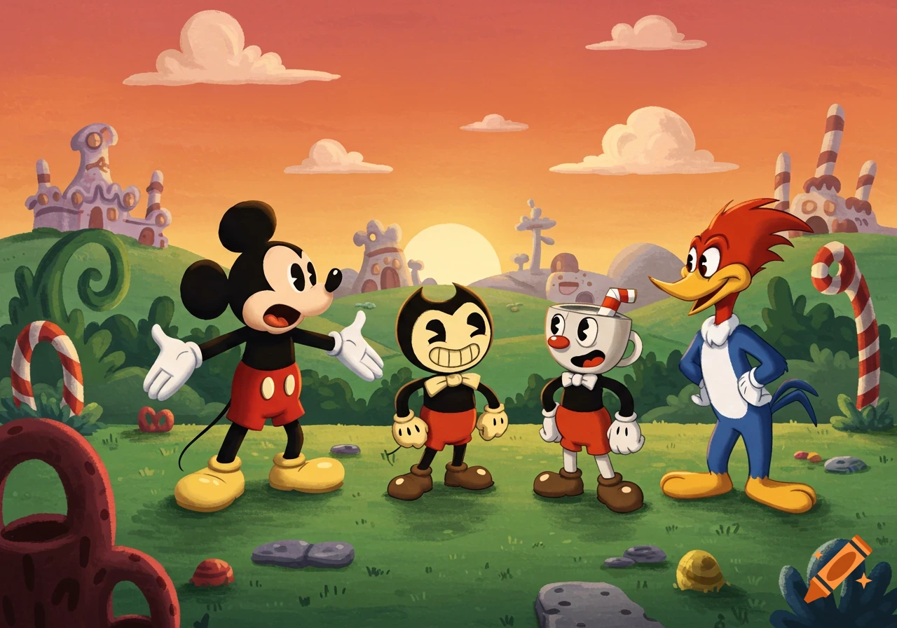 Mickey Mouse, Bendy, Cuphead, and Woody Woodpecker are conversing in a cartoon landscape with whimsical buildings and candy canes at sunset.