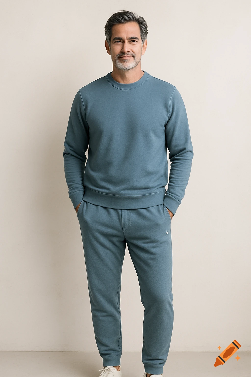 A middle-aged man with graying hair and a beard, wearing a matching teal blue sweatshirt and sweatpants, smiling at the camera.