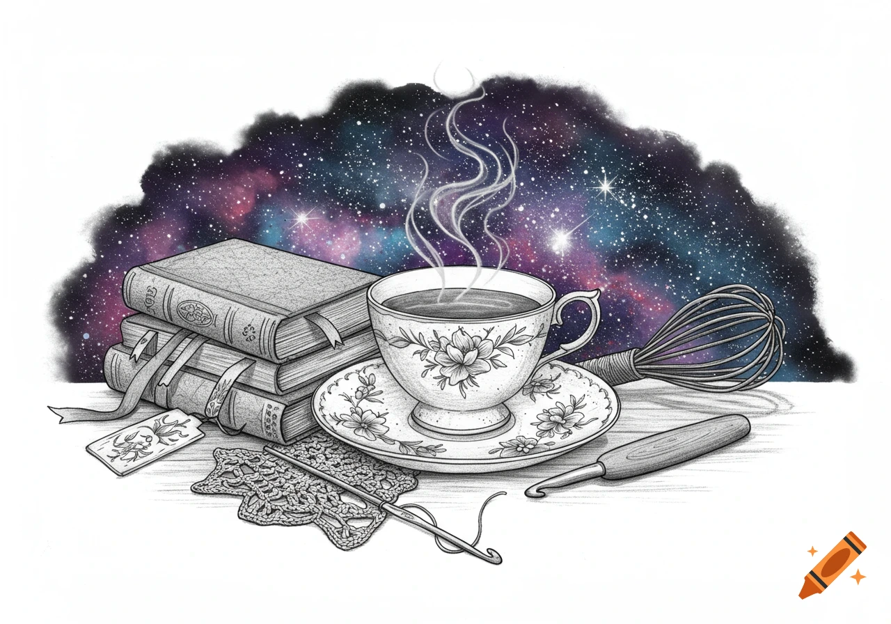 Detailed monochrome illustration of books, a steaming teacup, crochet hook, and whisk against a vibrant night sky background.