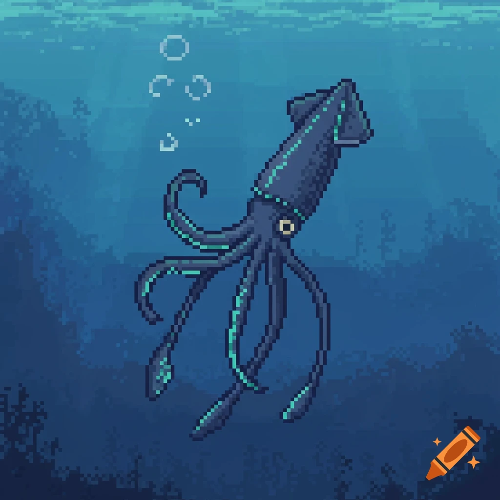 A dark blue pixel-art squid with bright teal accents swims in a deep blue ocean, with bubbles floating above it.