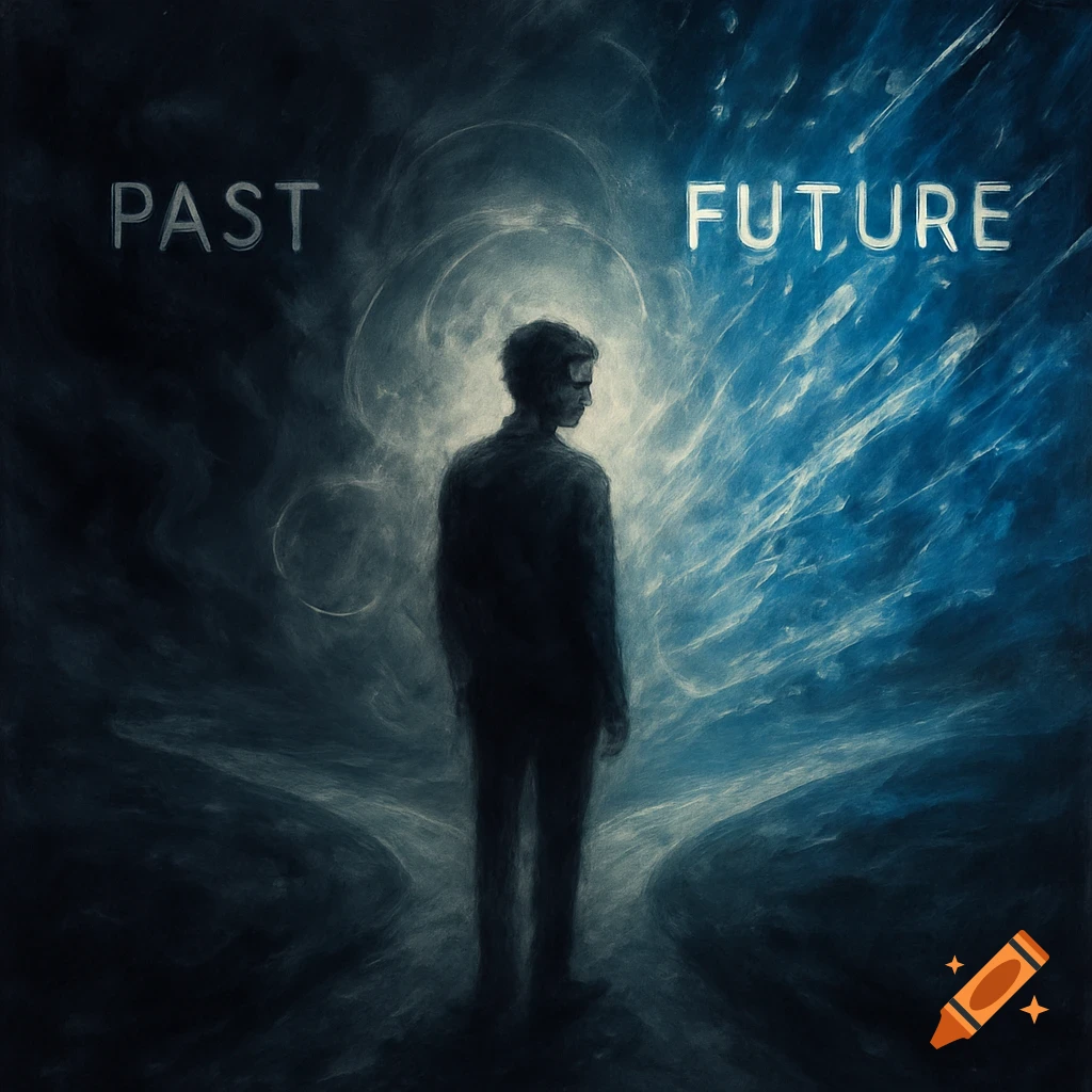 A silhouetted figure stands between two paths, facing right, with "PAST" on the dark left and "FUTURE" on the bright blue right, in a stylized, painterly aesthetic.