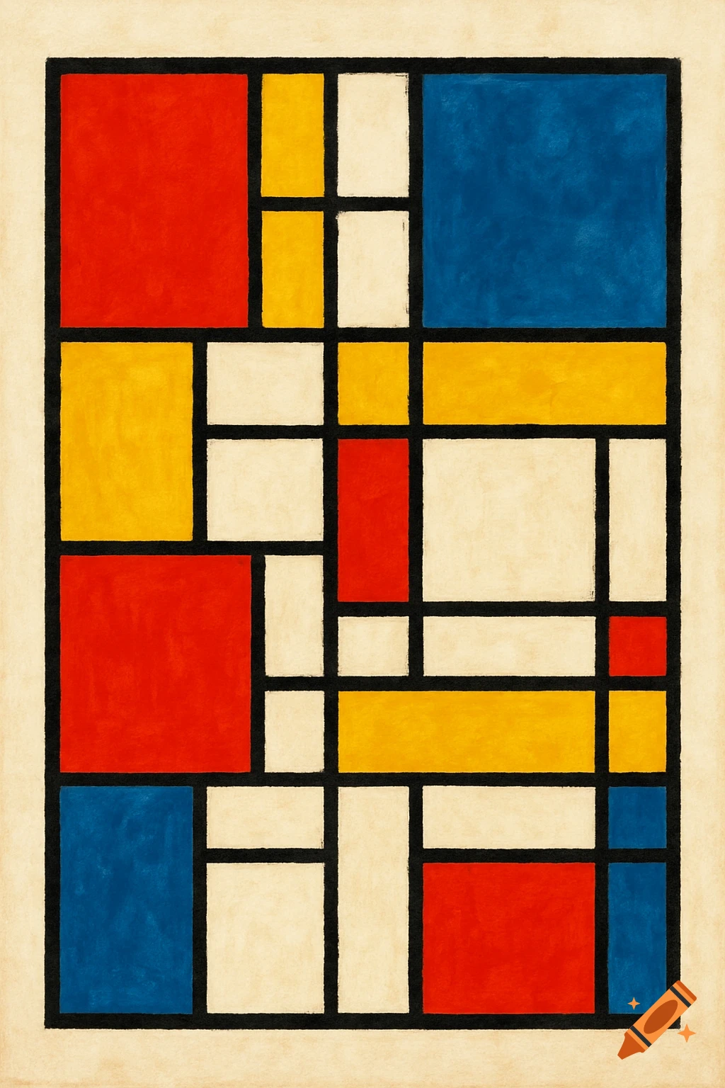 An abstract De Stijl painting with red, yellow, blue, and white rectangles separated by thick black lines, on a textured background.