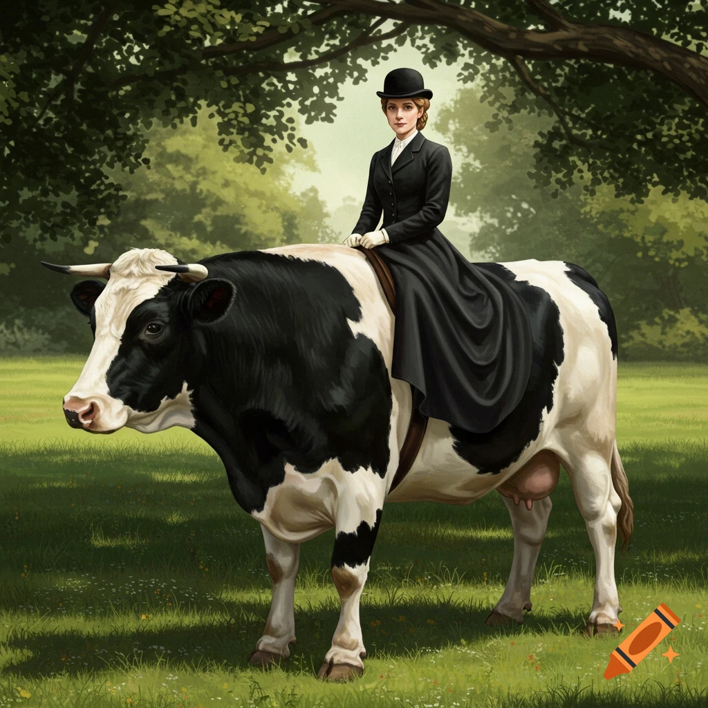 A woman in a black 19th-century riding habit and bowler hat rides a black and white cow side-saddle through a grassy field.