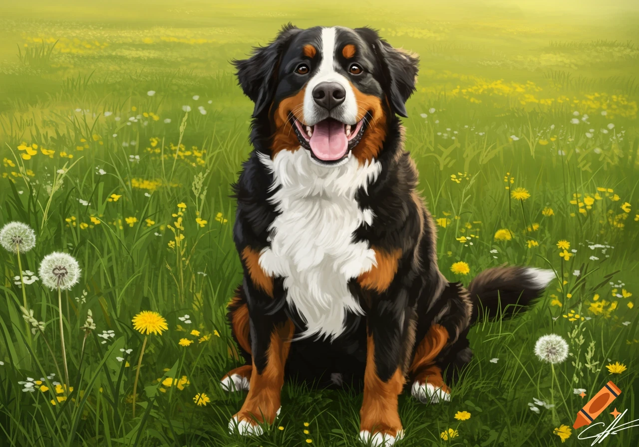 A happy Bernese Mountain dog sits in a vibrant green meadow filled with yellow and white wildflowers.