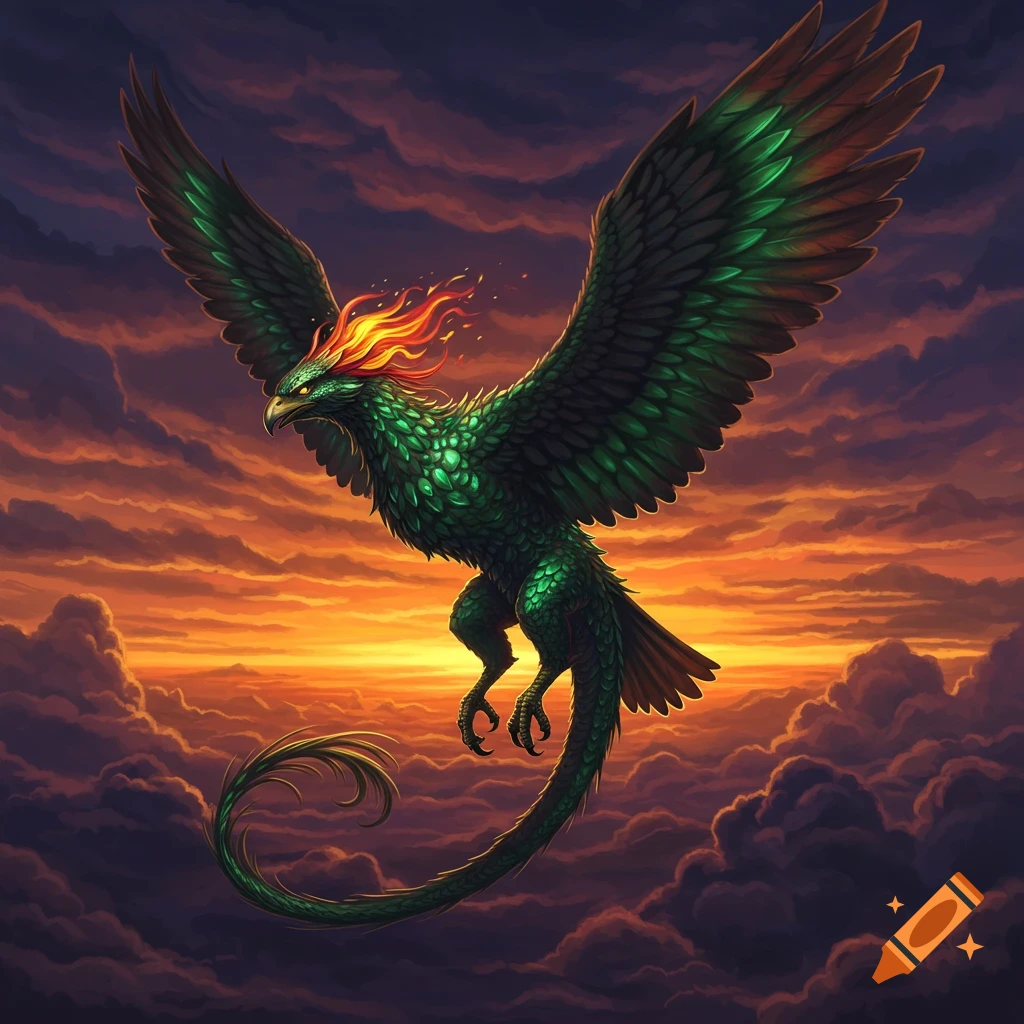 A vibrant green dragon-phoenix hybrid with large wings and a fiery head flies through a dramatic sunset sky with dark clouds.