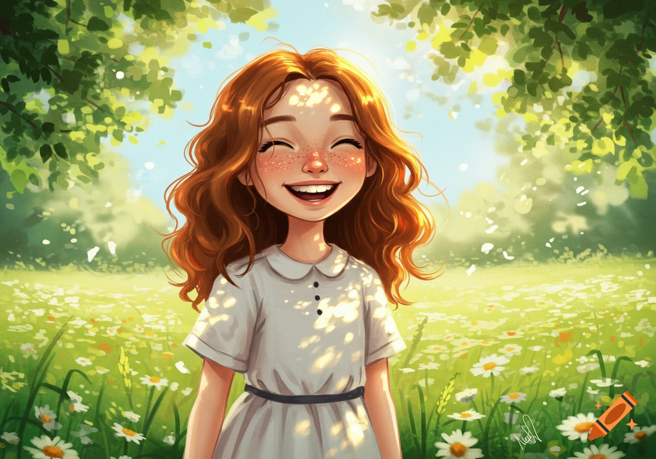 Smiling girl with red hair and freckles in a sunny field of daisies, illustration.