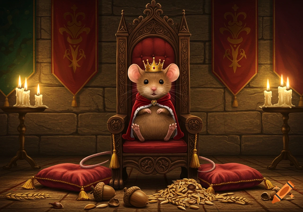 A cute mouse king wearing a crown and red cape sits on an ornate wooden throne in a candlelit castle room, surrounded by acorns and grain.