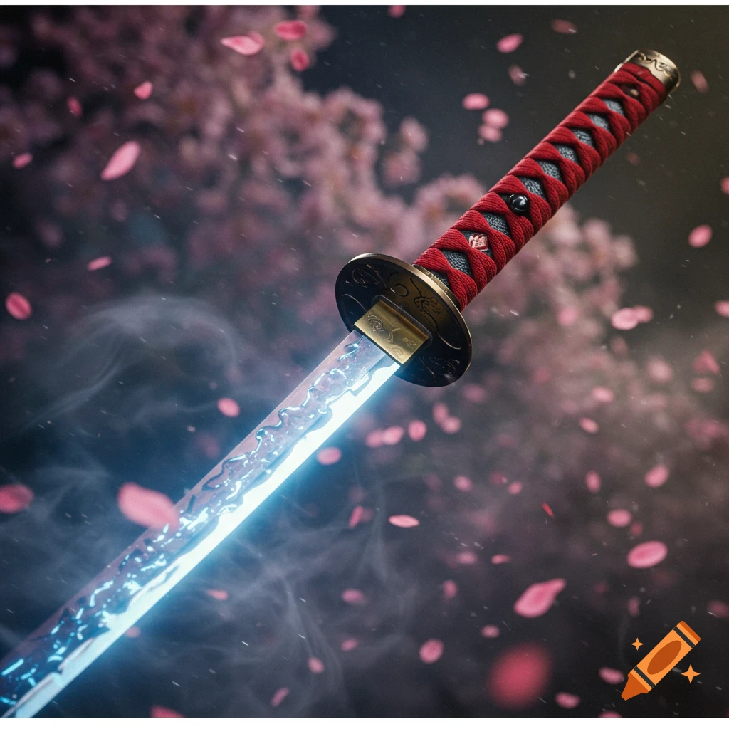 Anime-stylized katana with a glowing blue blade and red hilt, surrounded by pink cherry blossoms and smoke.