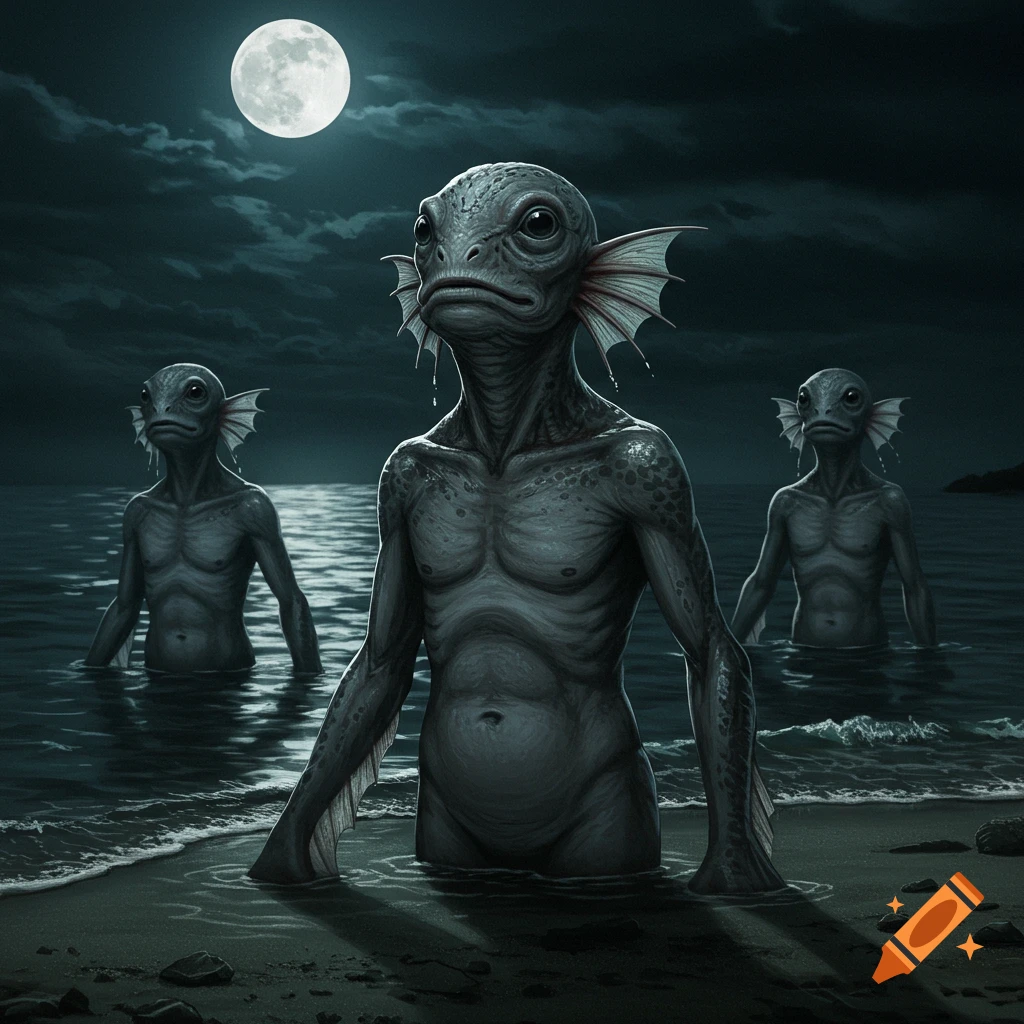 Eerie creature art of three grey, frog-like humanoids emerging from the dark sea onto a moonlit beach.