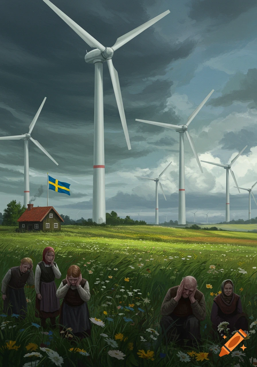 Digital painting of distressed people in a Swedish countryside flower field, surrounded by tall wind turbines under a stormy sky. A Swedish flag flies near a small house.