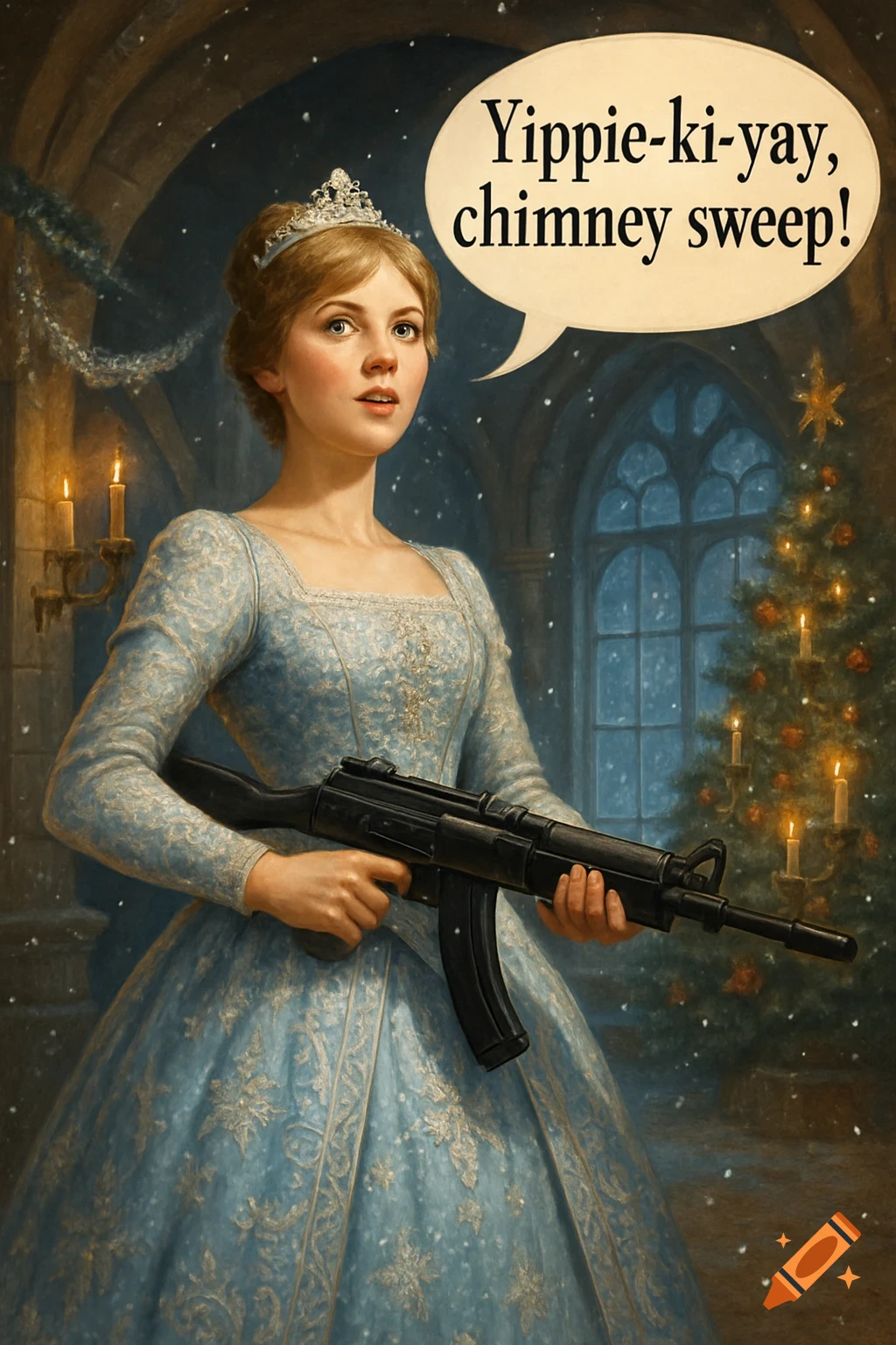 A princess in a blue gown holds an assault rifle, with a speech bubble reading "Yippie-ki-yay, chimney sweep!", in a snowy castle setting.