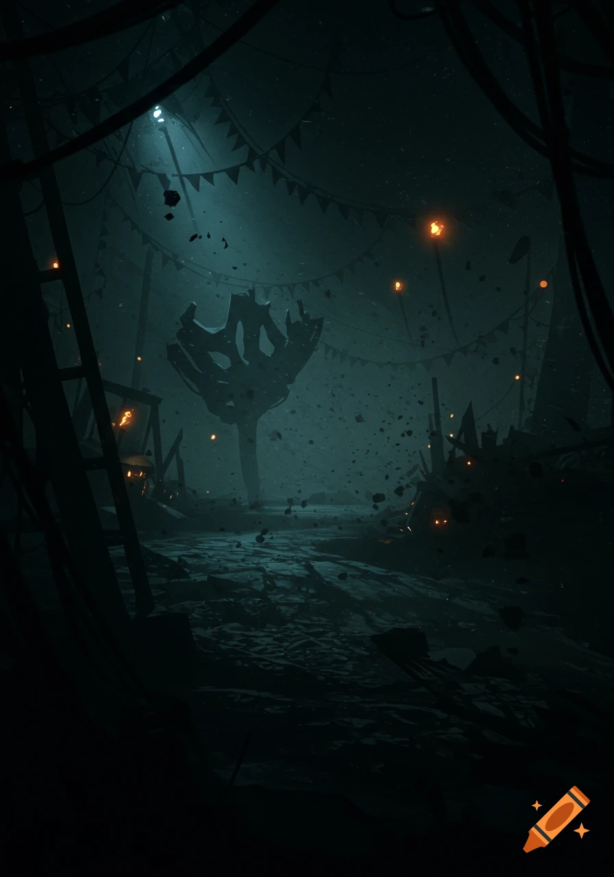 A dark and mysterious scene with a large, gnarled, shadowy figure amidst debris and scattered lights under pennants.