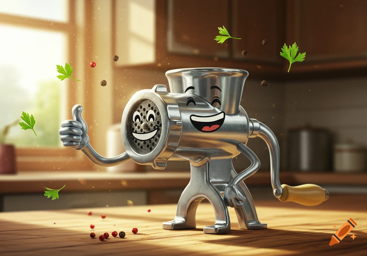 A smiling, cartoonish metal meat grinder with arms gives a thumbs-up on a wooden kitchen counter, with floating parsley and spices.