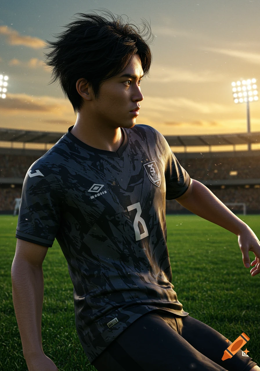 Photorealistic image of a young male soccer player in a dark patterned jersey with number 7, looking to the side on a field in a stadium at sunset.