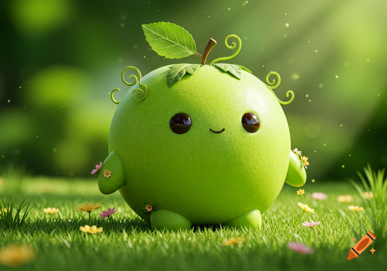 A cute, smiling green apple character with big eyes and leafy tendrils stands in a sunny grassy field with small flowers, 3D cartoon style.