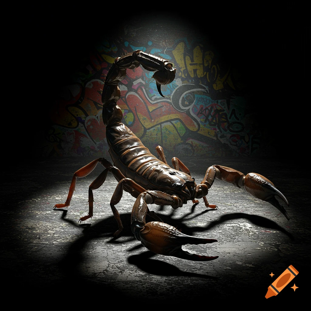 A detailed, brown scorpion stands in a spotlight on a grungy floor, with a colorful, abstract graffiti-covered wall in the dark background, in a photorealistic style.