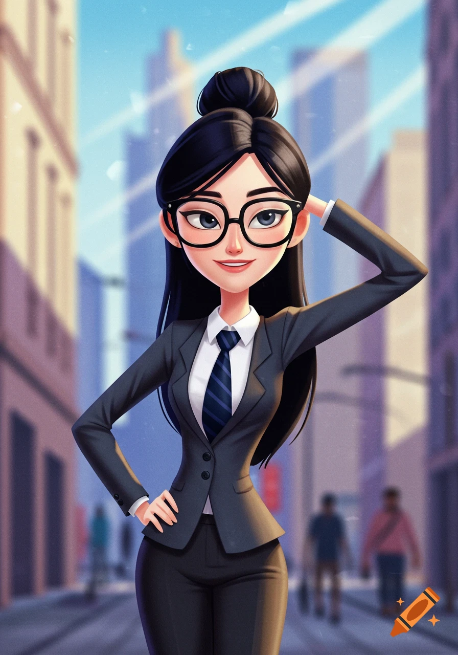 A Pixar-style cartoon woman in a business suit, black glasses, and a bun poses on a city street.