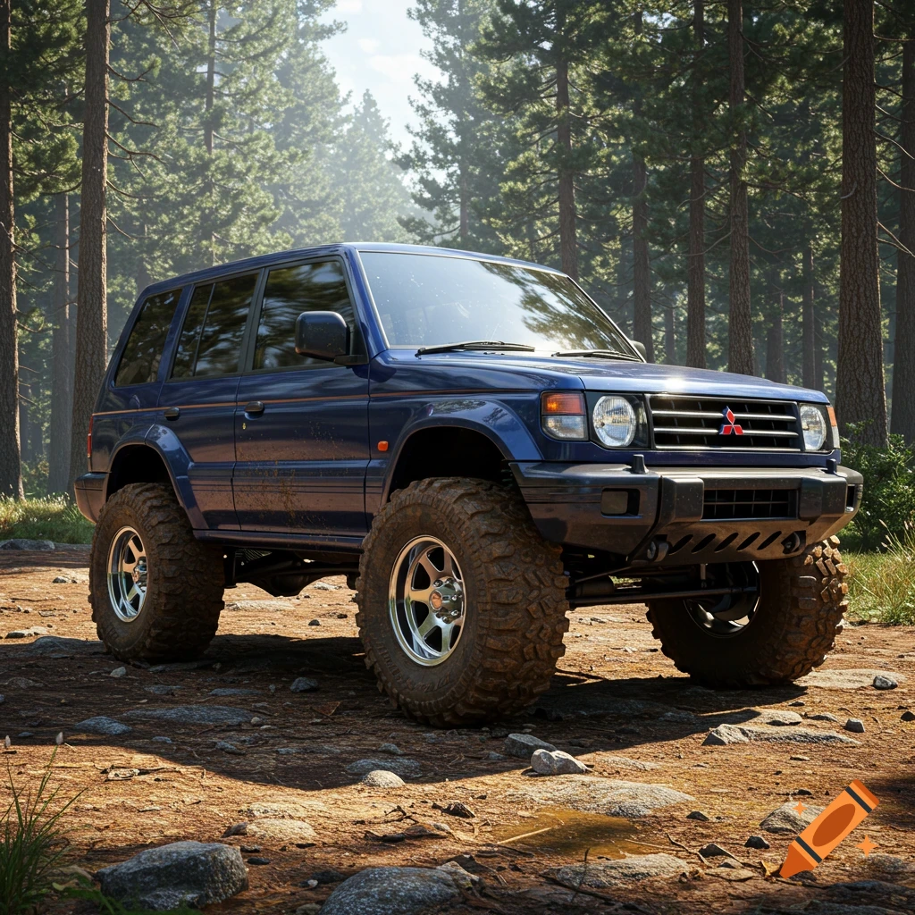 A lifted blue Mitsubishi Pajero SUV with mud tires is parked on a dirt trail in a sun-dappled pine forest.