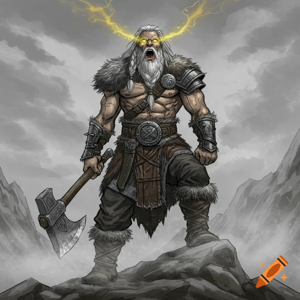 Muscular barbarian with long grey hair and glowing yellow eyes roaring on a mountain summit, holding an axe. Illustration.