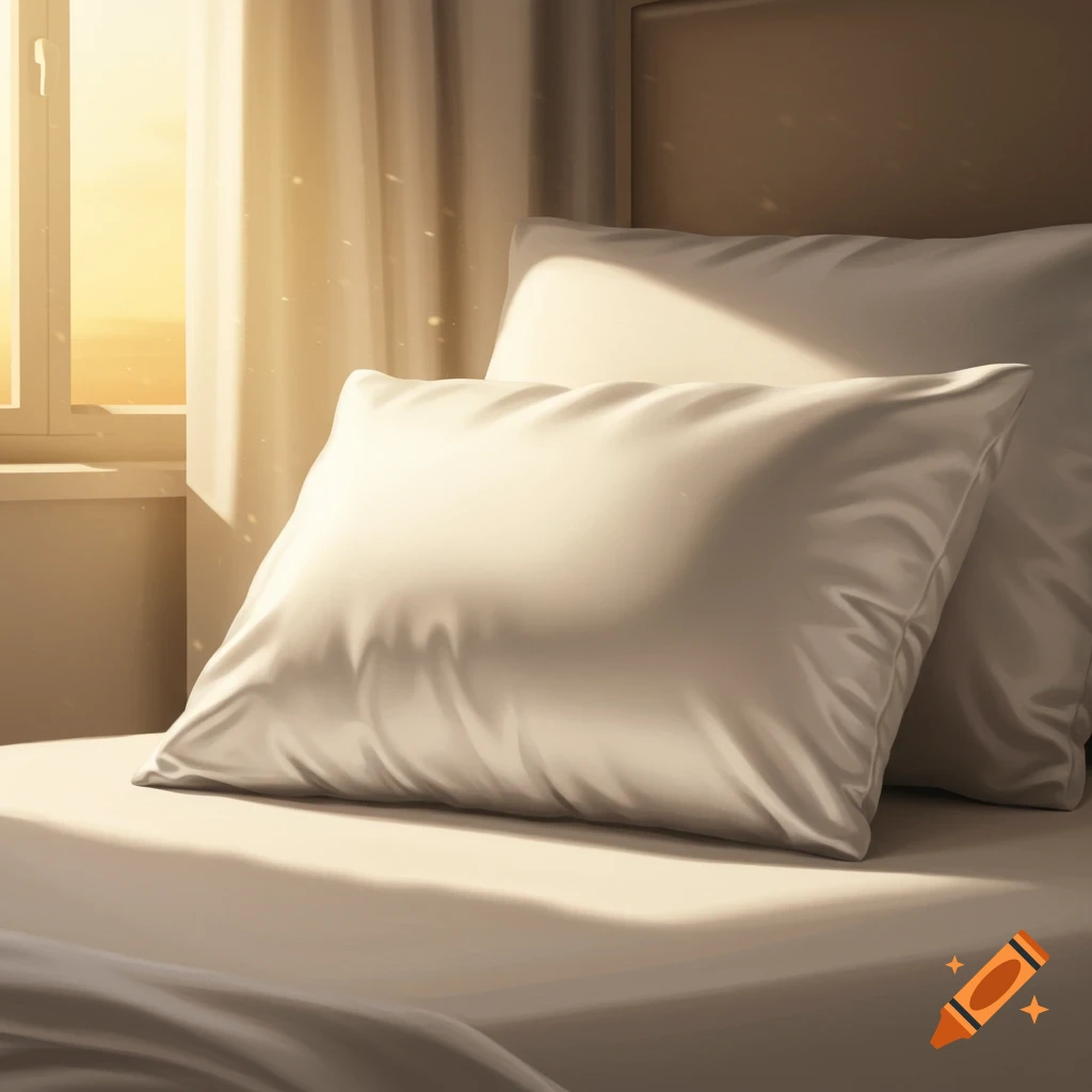 White pillows on a bed bathed in warm morning sunlight from a window, creating a serene atmosphere.