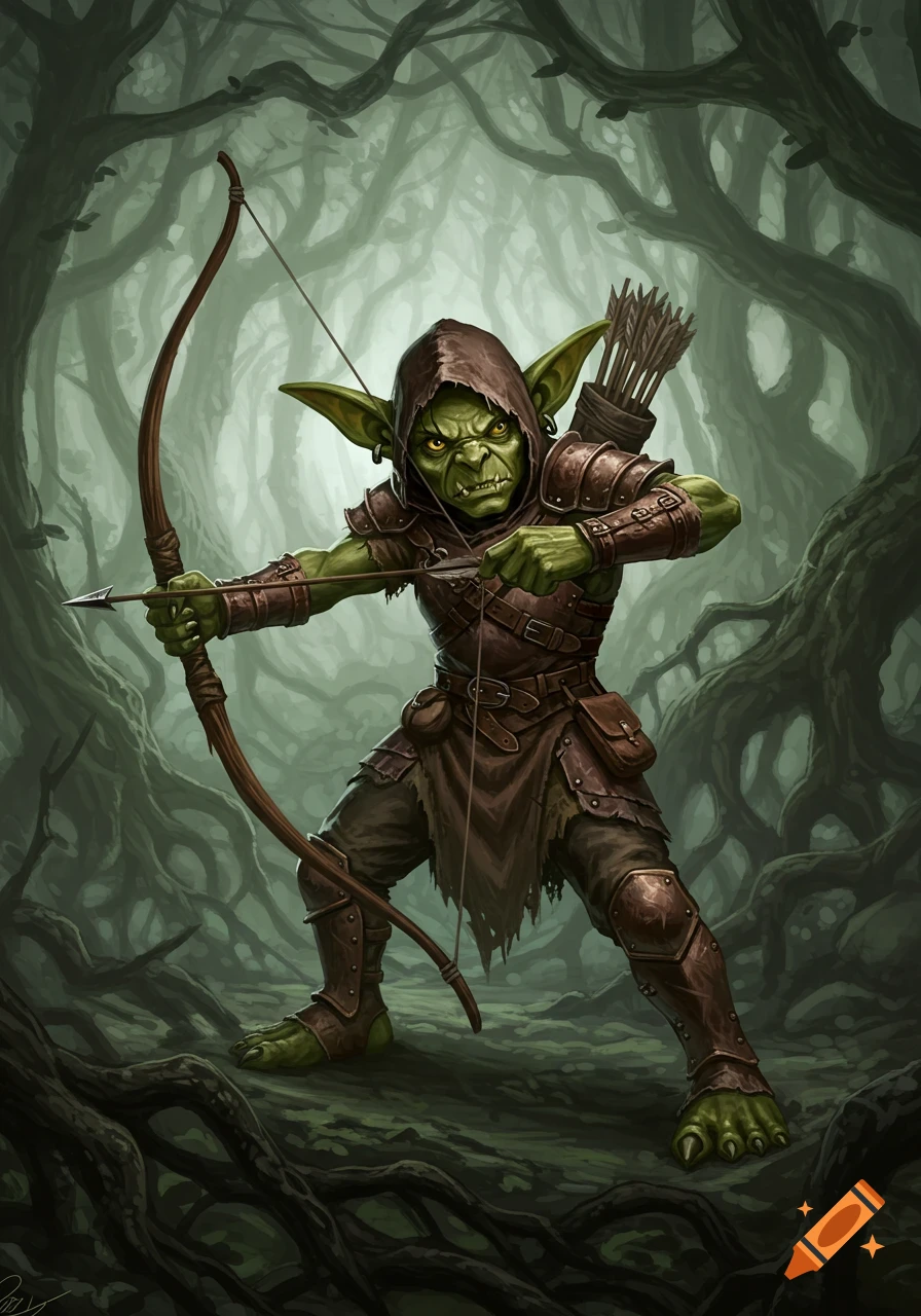 A green-skinned goblin archer in leather armor and a hooded cloak draws his bow, standing in a misty, gnarled forest.