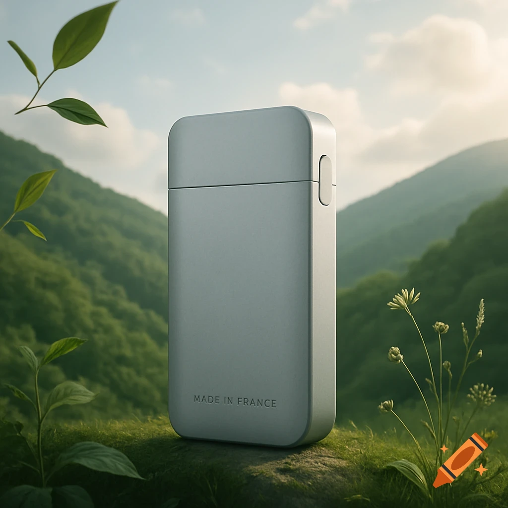 A sleek, light gray rectangular product with 'MADE IN FRANCE' on its side stands on a rock, surrounded by green hills and leaves.
