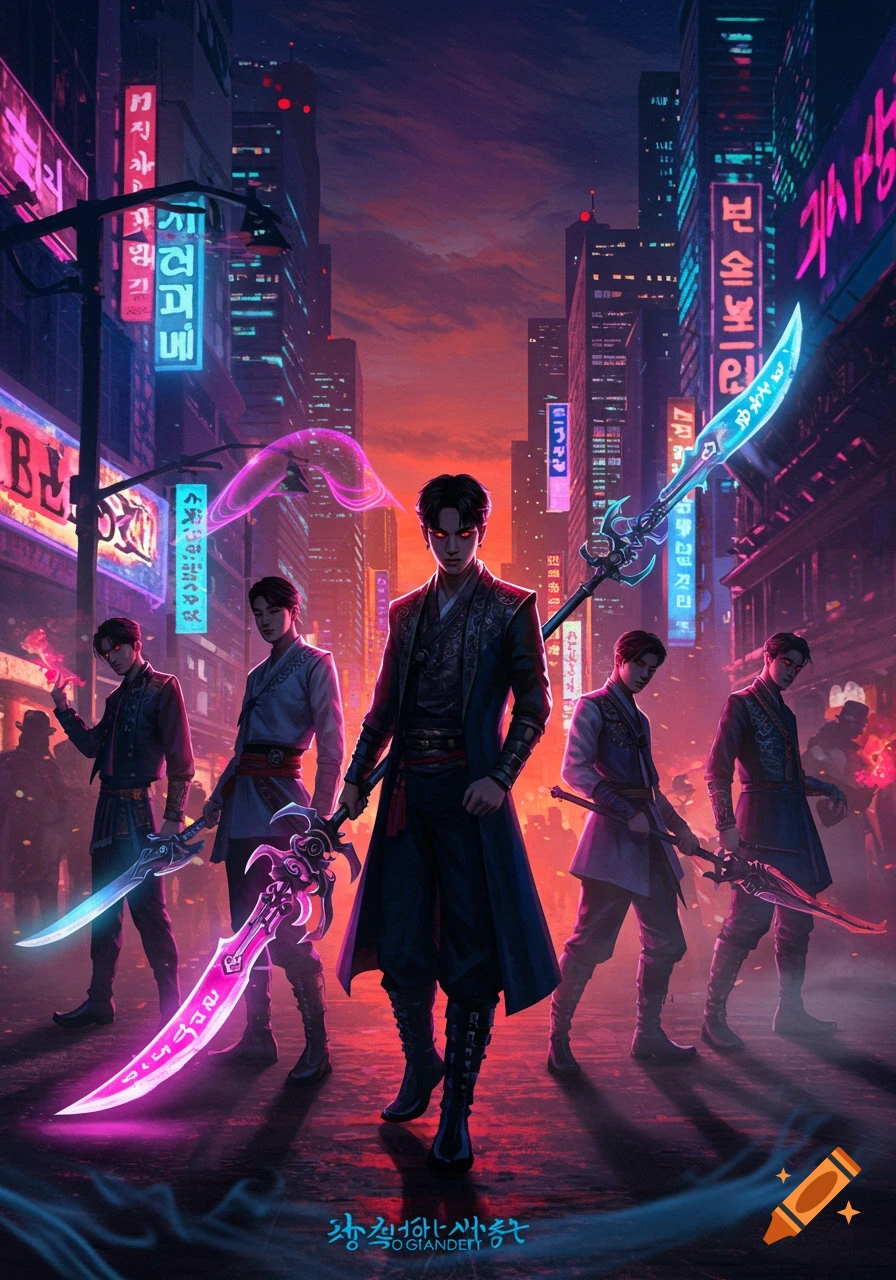 Five men with glowing swords and spears stand in a neon-lit cyberpunk city at sunset, in a modern fantasy art style.