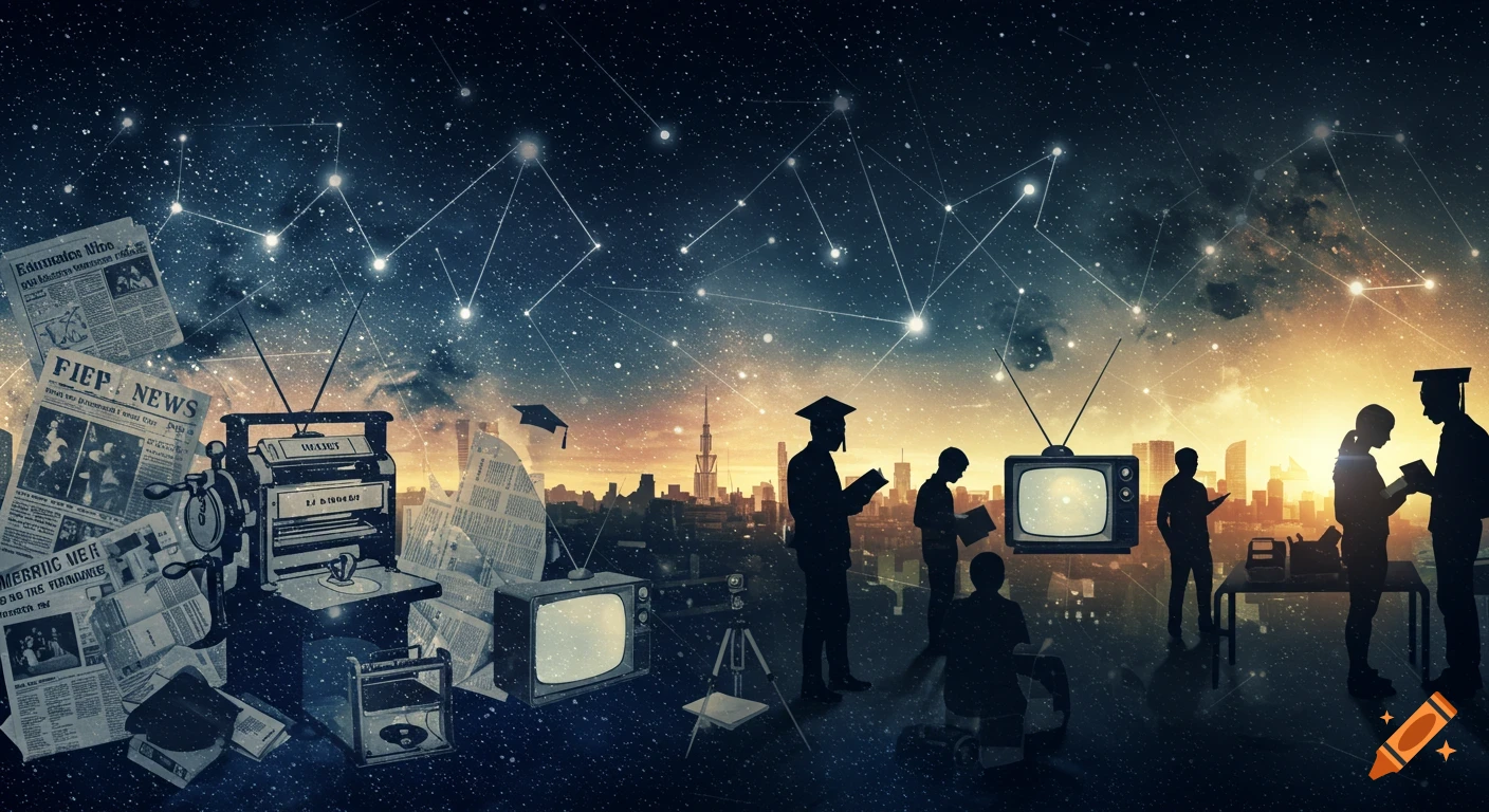 Stylized banner featuring media elements, silhouetted students with graduation caps, and a city skyline under a starry night sky with constellations.