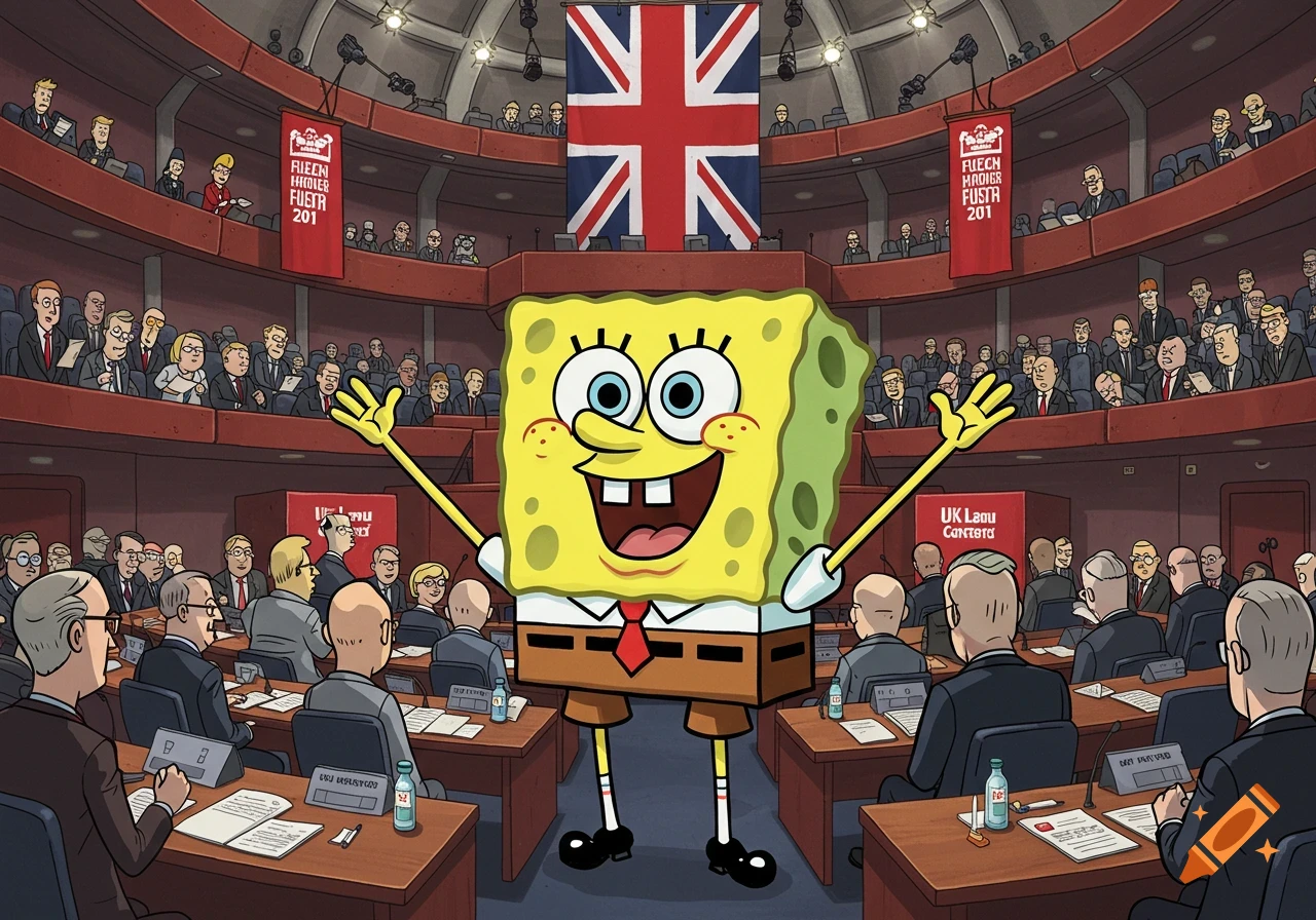 Spongebob Squarepants stands in a large, circular parliamentary chamber, arms outstretched, with many formally dressed politicians seated at desks and in balconies, under a Union Jack flag.