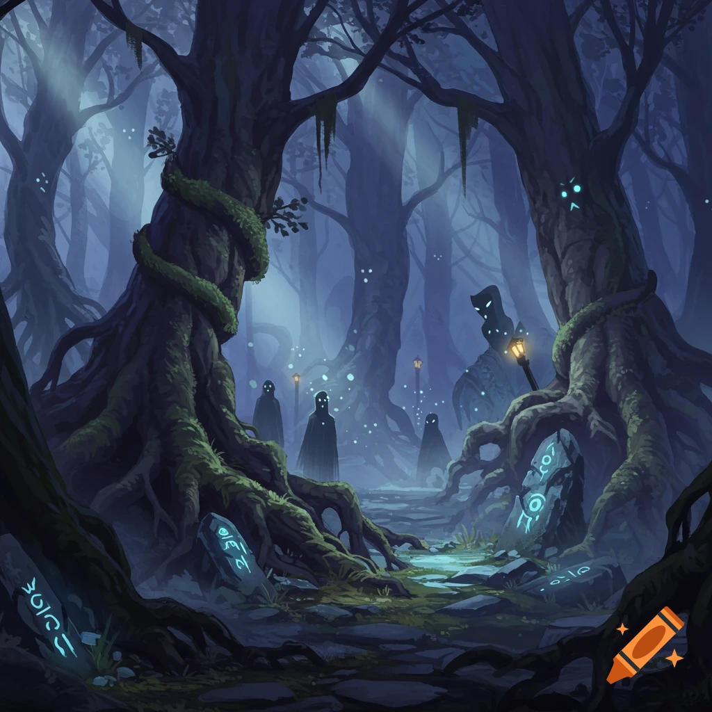 A dark, misty forest with ancient, gnarled trees, glowing runes on stones, and several hooded, shadowy figures with glowing eyes amidst a path.
