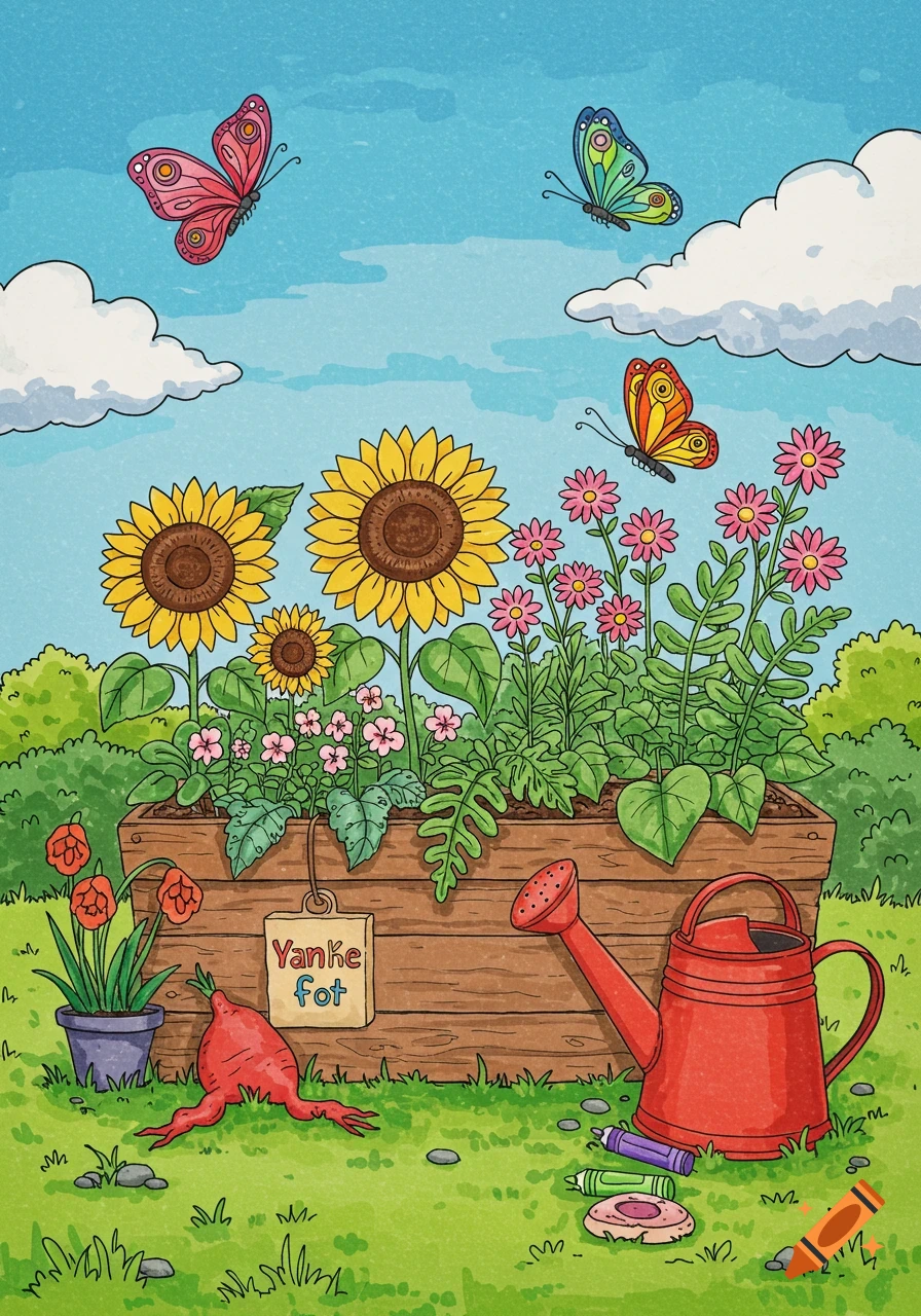A colorful cartoon illustration of a garden with sunflowers, pink flowers, butterflies, a watering can, and a sign in a wooden planter box.