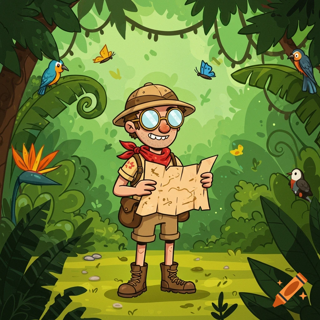 Cartoon illustration of a smiling male explorer in a pith helmet and glasses, holding a map in a lush jungle with birds and butterflies.