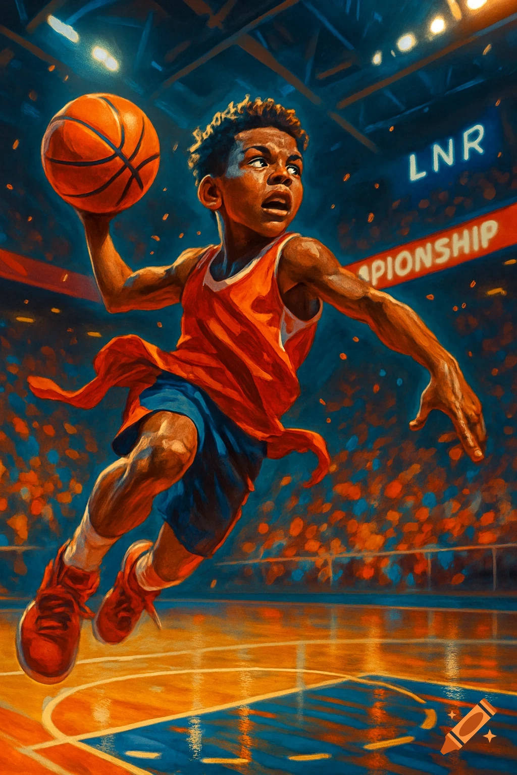 A vibrant illustration of a young boy in an orange jersey dribbling a basketball on a court during a game in a stadium.
