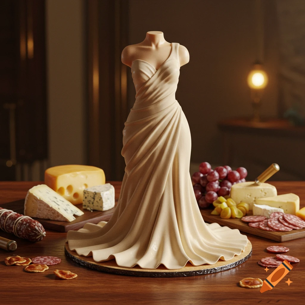 A realistic cake shaped like a draped gown, serving as a charcuterie board with various cheeses, grapes, and sliced meats on a wooden table.