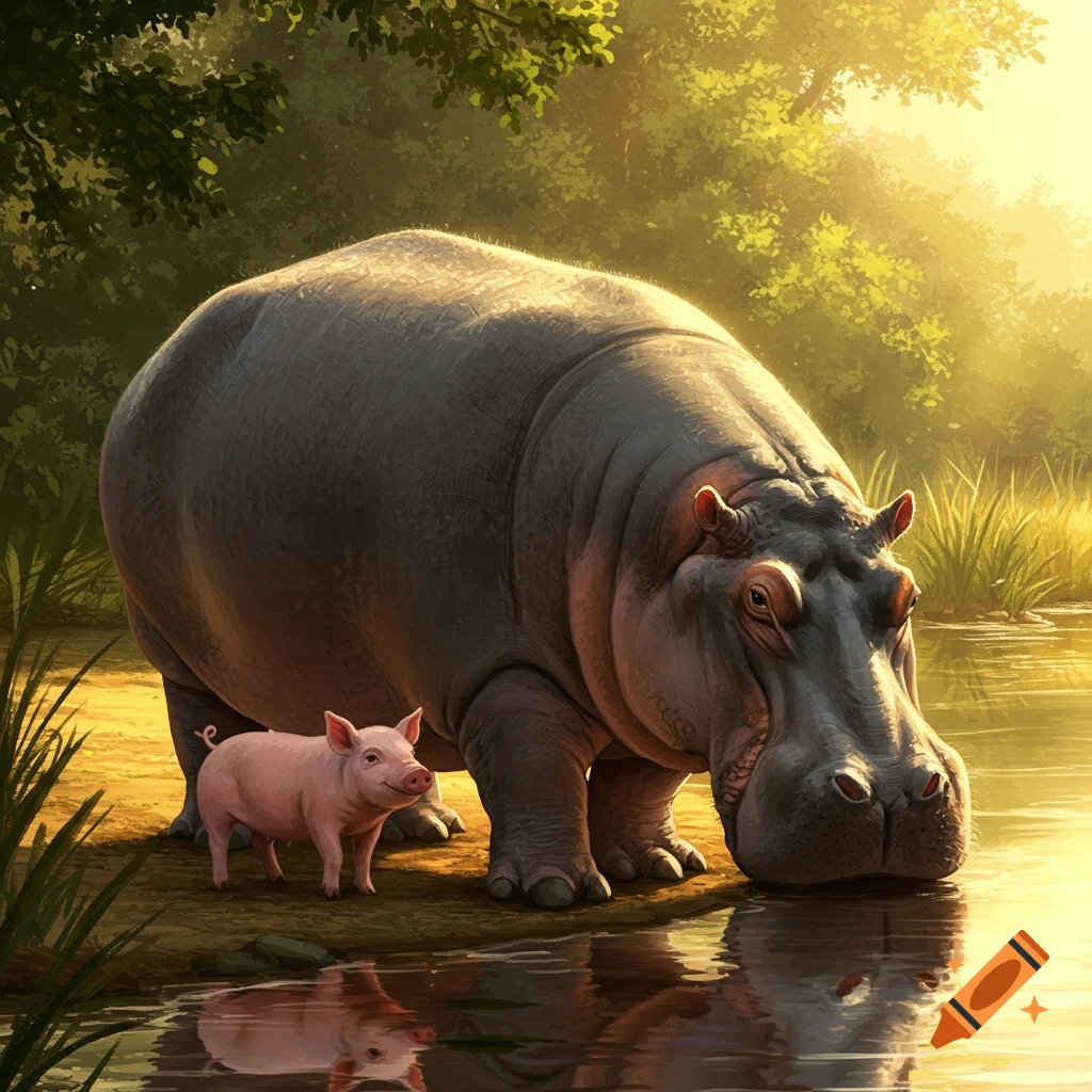 A large hippo and a small pink pig stand by a sunlit riverbank with trees in the background.
