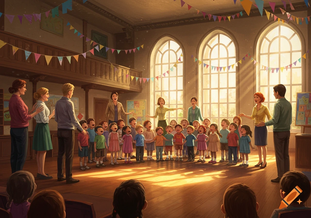 An illustration of children singing in a sunny school assembly hall, surrounded by teachers and colorful banners.